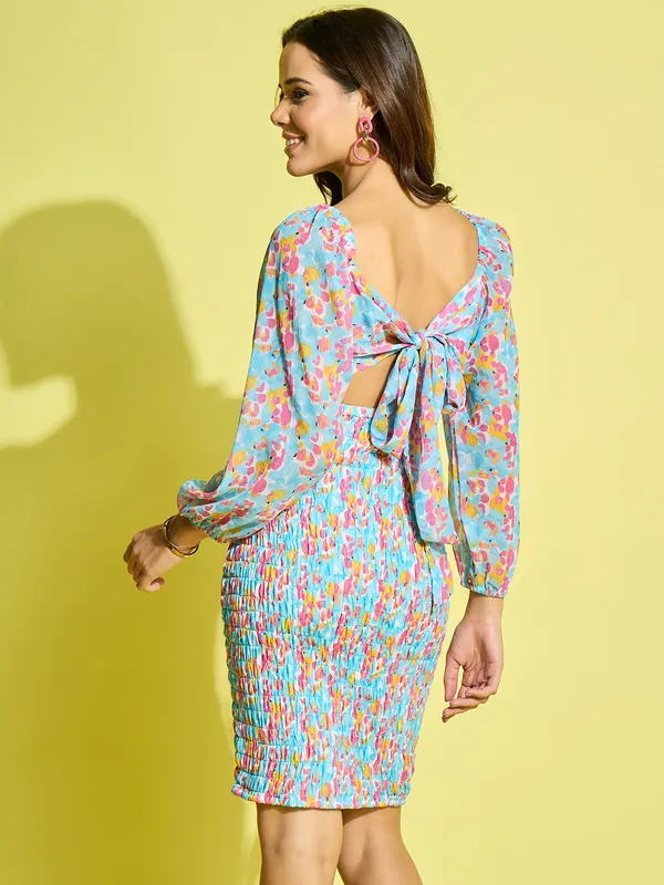 Women_Blue_Printed_Long_Puff_Sleeve_Mini_Chiffon_Bodycon_Dress