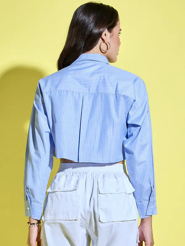 Women_Blue_Stripped_Collared_Neck_Relaxed_Casual_Shirt_With_Patch_Pocket
