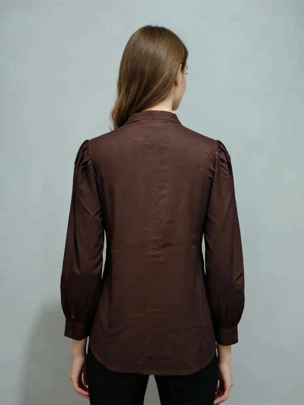 Women_Solid_Brown_Band_Collar_Button_Down_Standard_Length_Casual_Shirt