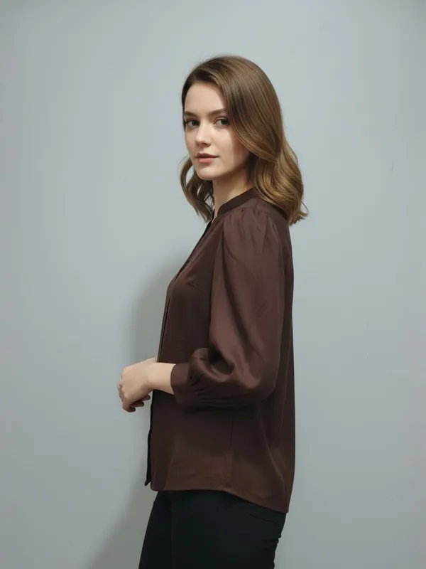 Women_Solid_Brown_Band_Collar_Button_Down_Standard_Length_Casual_Shirt