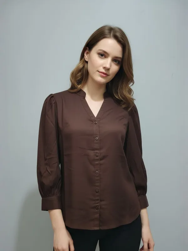 Women_Solid_Brown_Band_Collar_Button_Down_Standard_Length_Casual_Shirt
