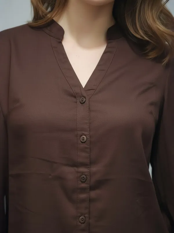 Women_Solid_Brown_Band_Collar_Button_Down_Standard_Length_Casual_Shirt
