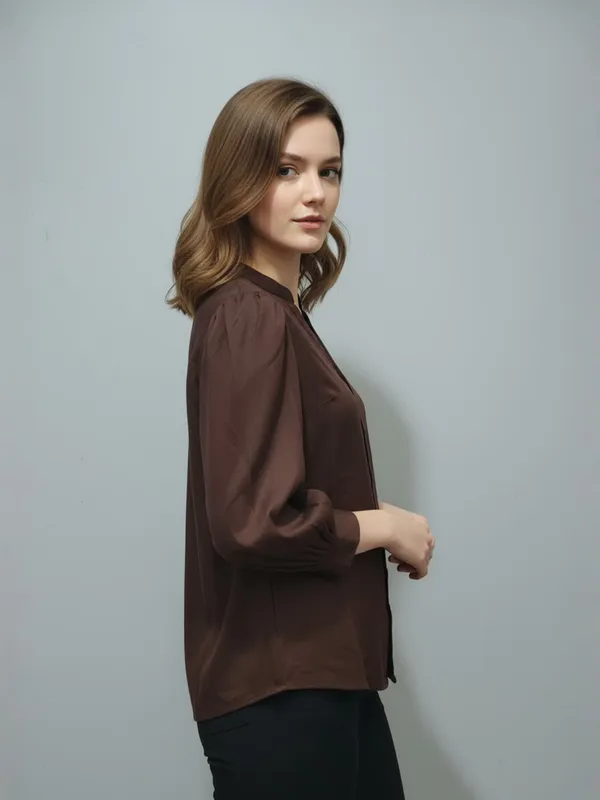 Women_Solid_Brown_Band_Collar_Button_Down_Standard_Length_Casual_Shirt