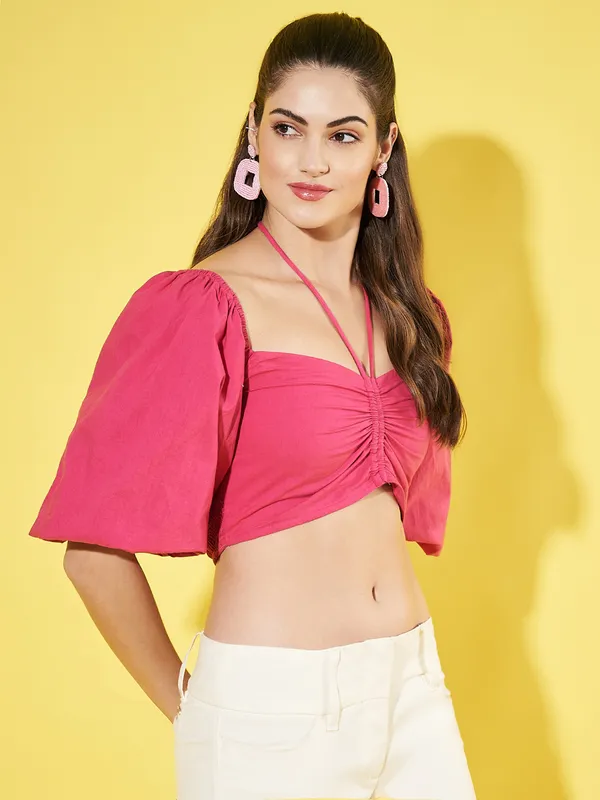 Women_Solid_Pink_Sweetheart_Neck_Puff_Sleeve_Cotton_Crop_Top