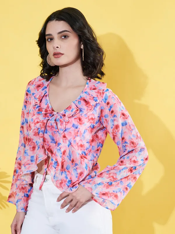 Women_Floral_Printed_Pink_Ruffled_Neck_Chiffon_Casual_Front_Tie-ups_Crop_Top
