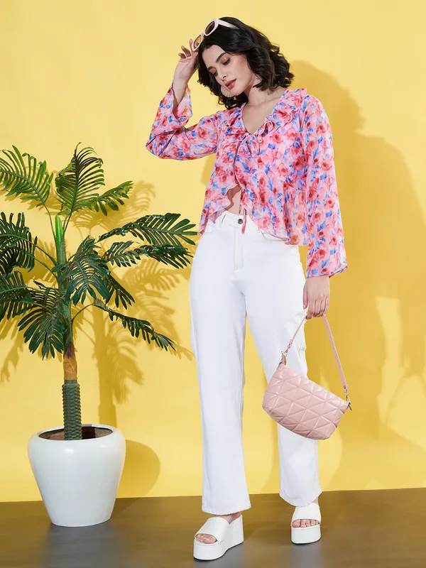 Women_Floral_Printed_Pink_Ruffled_Neck_Chiffon_Casual_Front_Tie-ups_Crop_Top