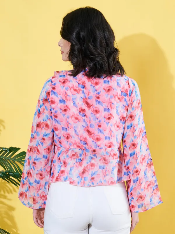 Women_Floral_Printed_Pink_Ruffled_Neck_Chiffon_Casual_Front_Tie-ups_Crop_Top
