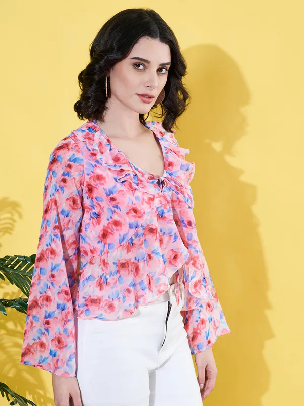 Women_Floral_Printed_Pink_Ruffled_Neck_Chiffon_Casual_Front_Tie-ups_Crop_Top