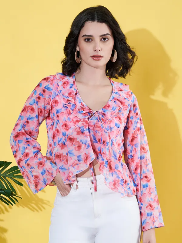 Women_Floral_Printed_Pink_Ruffled_Neck_Chiffon_Casual_Front_Tie-ups_Crop_Top