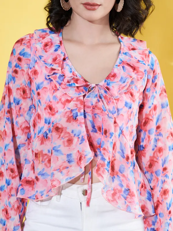 Women_Floral_Printed_Pink_Ruffled_Neck_Chiffon_Casual_Front_Tie-ups_Crop_Top
