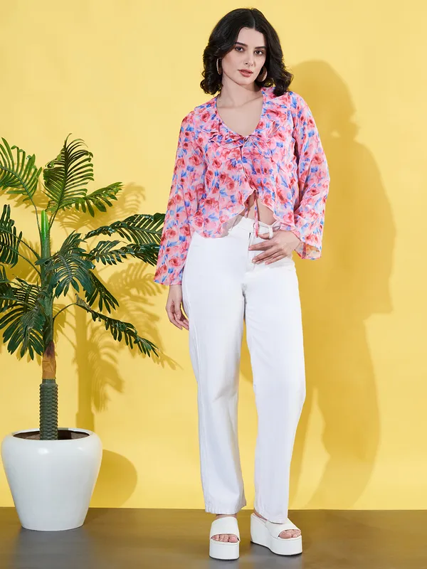Women_Floral_Printed_Pink_Ruffled_Neck_Chiffon_Casual_Front_Tie-ups_Crop_Top