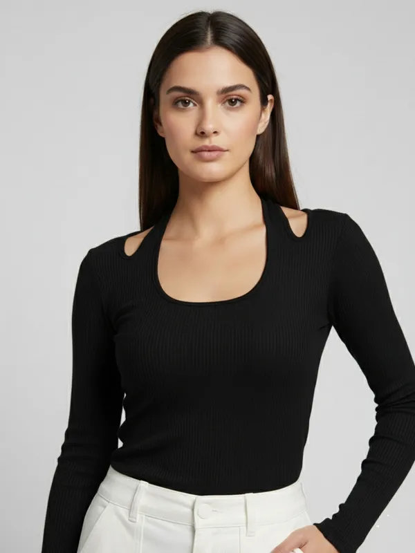 Women_Black_Stylish_Neck_Long_Sleeve_Ribbed_Regular_Top