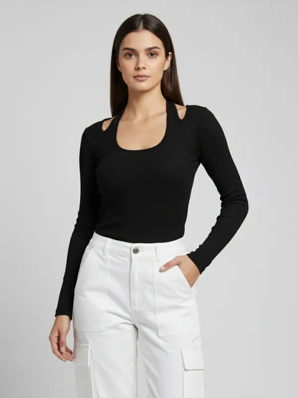Women_Black_Stylish_Neck_Long_Sleeve_Ribbed_Regular_Top