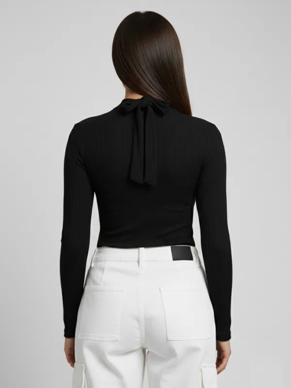 Women_Black_Stylish_Neck_Long_Sleeve_Ribbed_Regular_Top