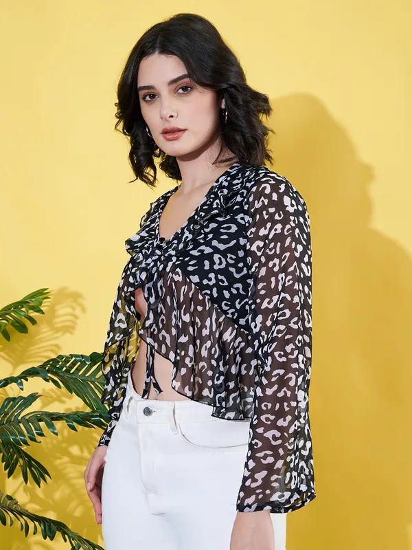 Women_Floral_Printed_Black_Ruffled_Neck_Chiffon_Casual_Front_Tie-ups_Crop_Top