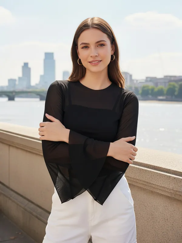 Solid_Black_Round_Neck_Flared_Sleeves_Net_Fitted_Crop_Top