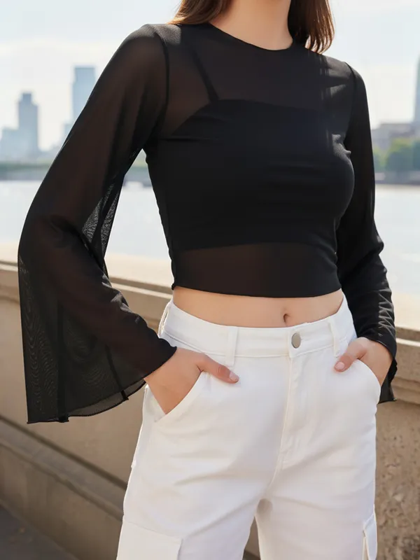 Solid_Black_Round_Neck_Flared_Sleeves_Net_Fitted_Crop_Top