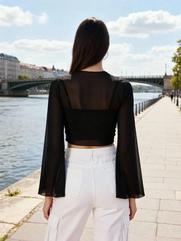 Solid_Black_Round_Neck_Flared_Sleeves_Net_Fitted_Crop_Top