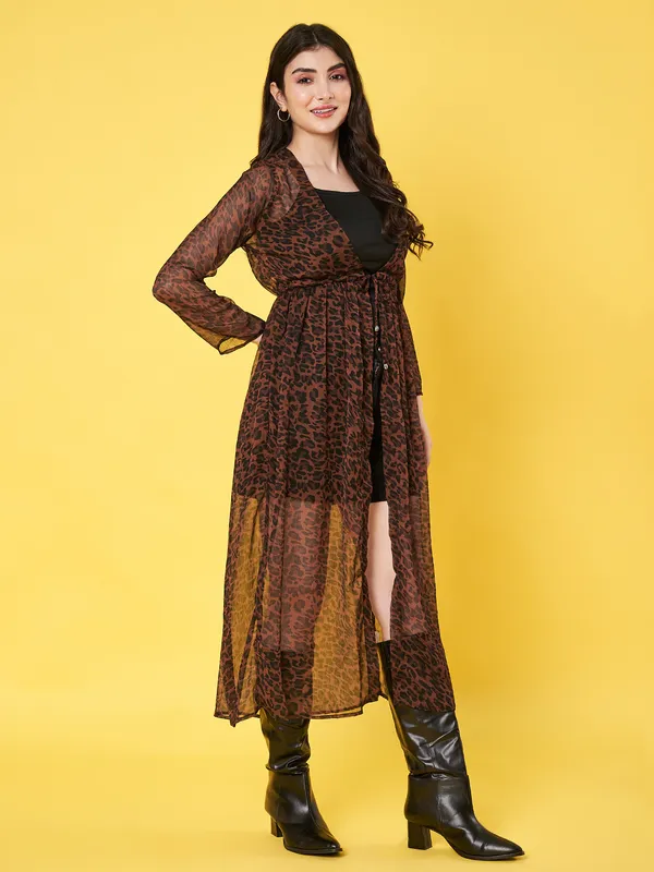 Animal_Printed_Brown_Chiffon_Long_Sleeve_Gathered_Open_Front_Waist_Tie-ups_Longline_Shrug