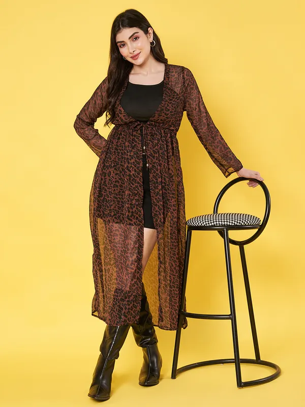 Animal_Printed_Brown_Chiffon_Long_Sleeve_Gathered_Open_Front_Waist_Tie-ups_Longline_Shrug