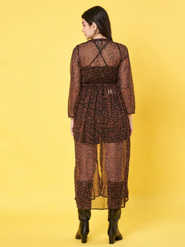 Animal_Printed_Brown_Chiffon_Long_Sleeve_Gathered_Open_Front_Waist_Tie-ups_Longline_Shrug