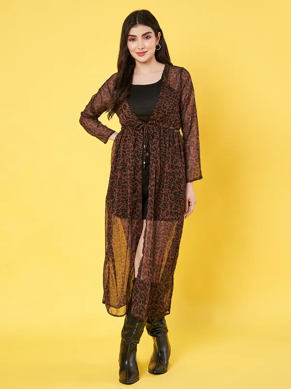 Animal_Printed_Brown_Chiffon_Long_Sleeve_Gathered_Open_Front_Waist_Tie-ups_Longline_Shrug