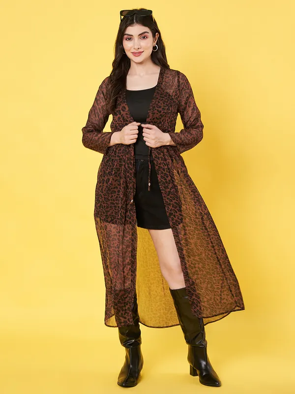 Animal_Printed_Brown_Chiffon_Long_Sleeve_Gathered_Open_Front_Waist_Tie-ups_Longline_Shrug