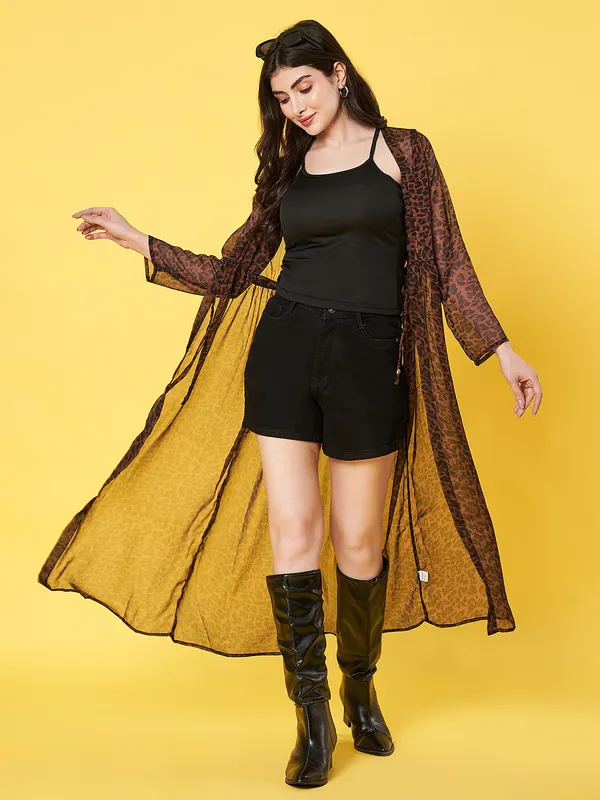 Animal_Printed_Brown_Chiffon_Long_Sleeve_Gathered_Open_Front_Waist_Tie-ups_Longline_Shrug