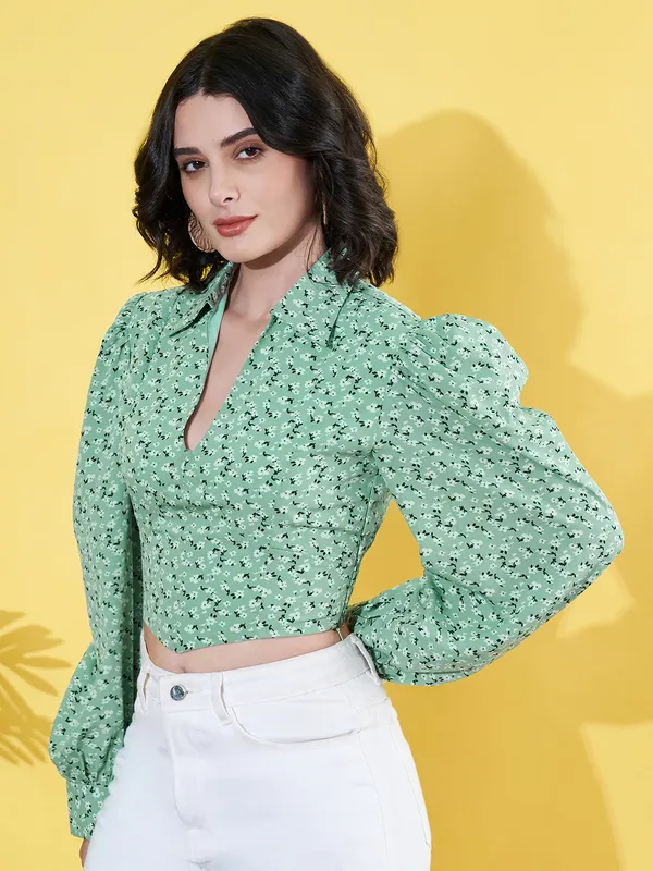 Women_Floral_Printed_Green_Collared_Neck_Crepe_Casual_Crop_Top