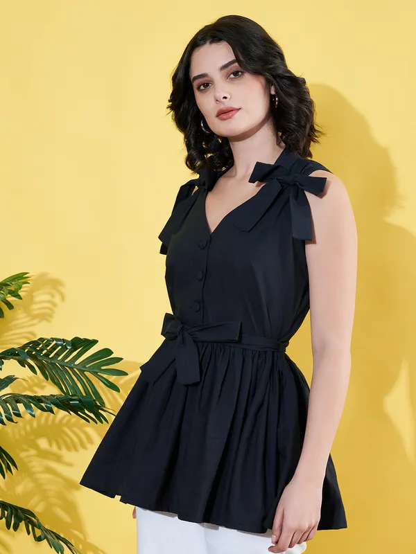 Women_Solid_Black_V_Neck_Sleeveless_Waist_Tie-ups_Casual_Peplum_Top