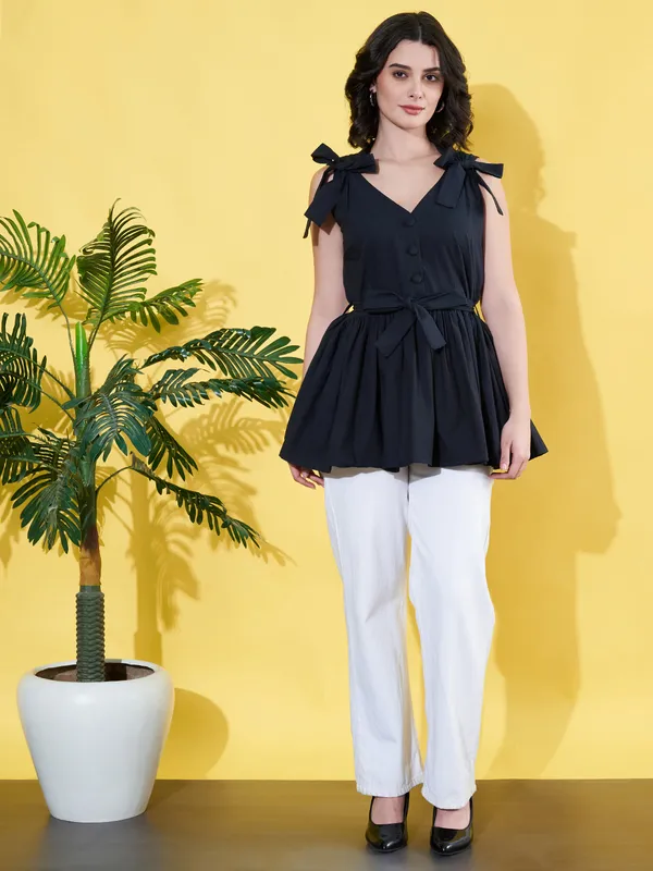 Women_Solid_Black_V_Neck_Sleeveless_Waist_Tie-ups_Casual_Peplum_Top