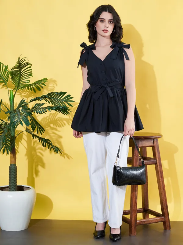 Women_Solid_Black_V_Neck_Sleeveless_Waist_Tie-ups_Casual_Peplum_Top