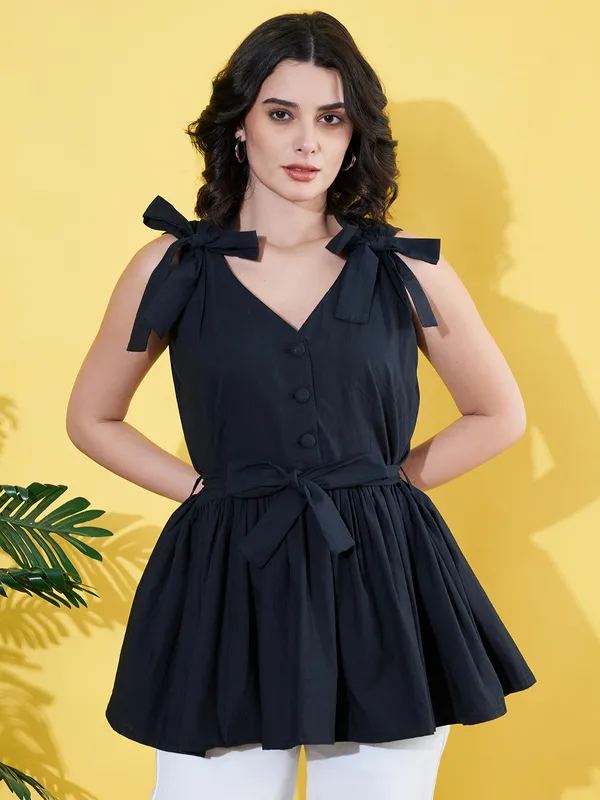 Women_Solid_Black_V_Neck_Sleeveless_Waist_Tie-ups_Casual_Peplum_Top