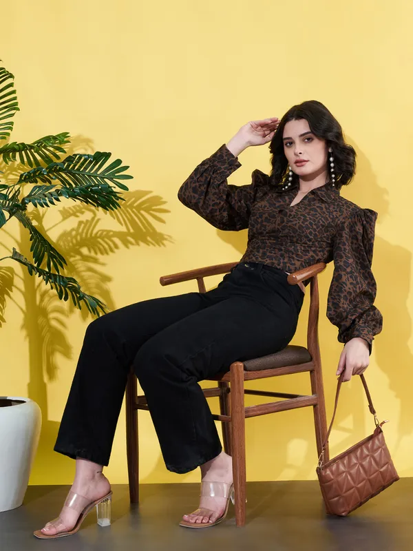 Women_Animal_Printed_Brown_Collared_Neck_Crepe_Casual_Crop_Top