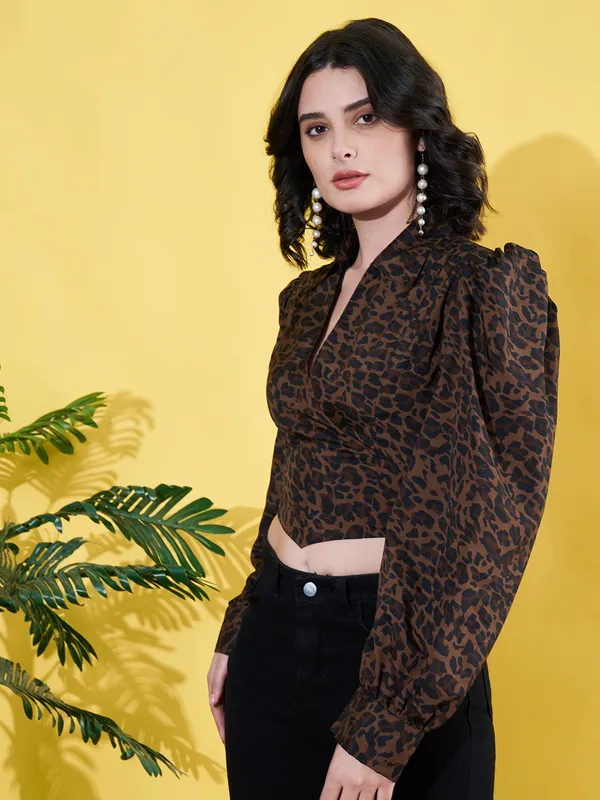 Women_Animal_Printed_Brown_Collared_Neck_Crepe_Casual_Crop_Top