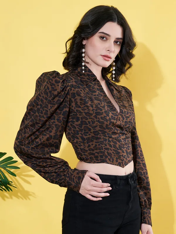 Women_Animal_Printed_Brown_Collared_Neck_Crepe_Casual_Crop_Top