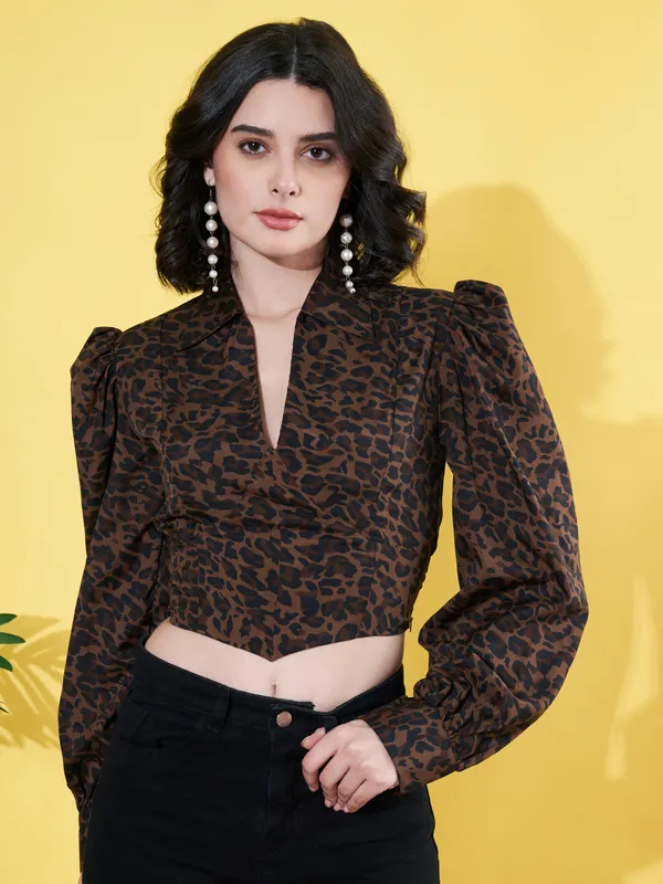 Women_Animal_Printed_Brown_Collared_Neck_Crepe_Casual_Crop_Top