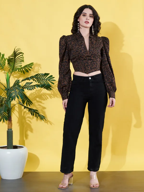 Women_Animal_Printed_Brown_Collared_Neck_Crepe_Casual_Crop_Top