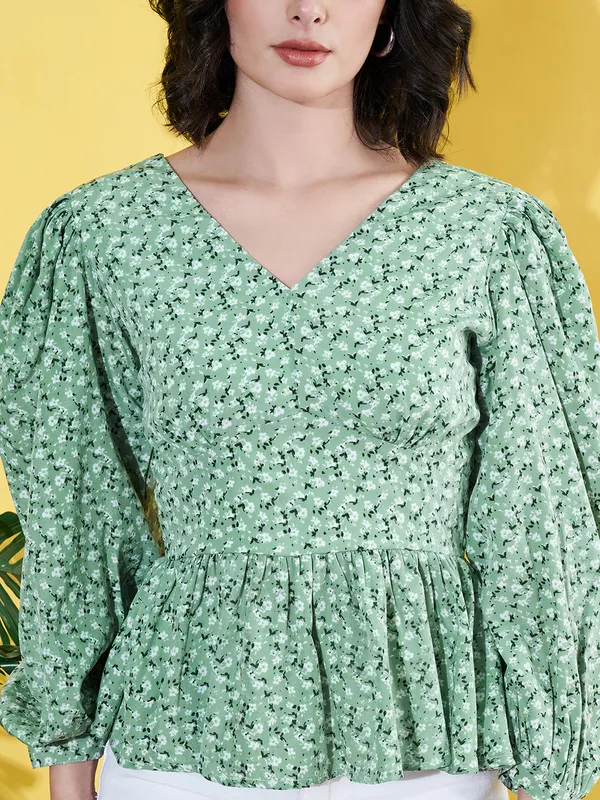 Women_Floral_Printed_Green_V_Neck_Crepe_Casual_Peplum_Top