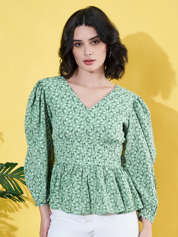 Women_Floral_Printed_Green_V_Neck_Crepe_Casual_Peplum_Top