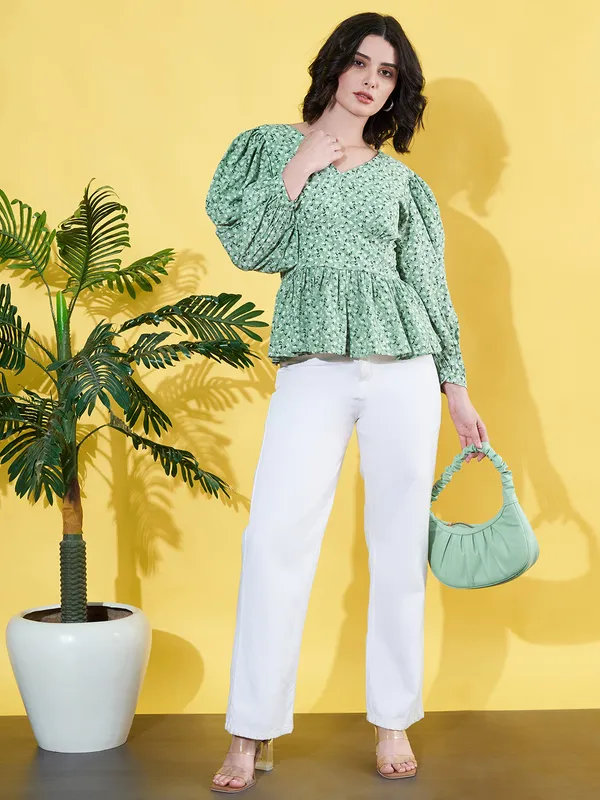 Women_Floral_Printed_Green_V_Neck_Crepe_Casual_Peplum_Top