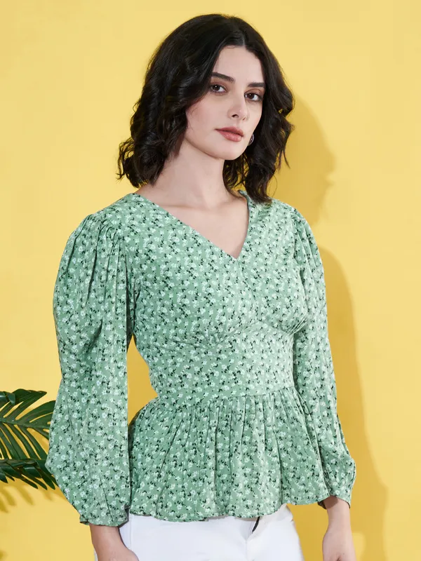 Women_Floral_Printed_Green_V_Neck_Crepe_Casual_Peplum_Top