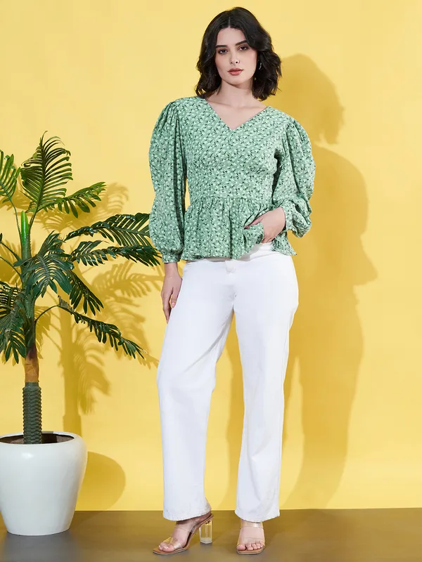 Women_Floral_Printed_Green_V_Neck_Crepe_Casual_Peplum_Top