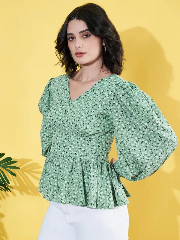 Women_Floral_Printed_Green_V_Neck_Crepe_Casual_Peplum_Top
