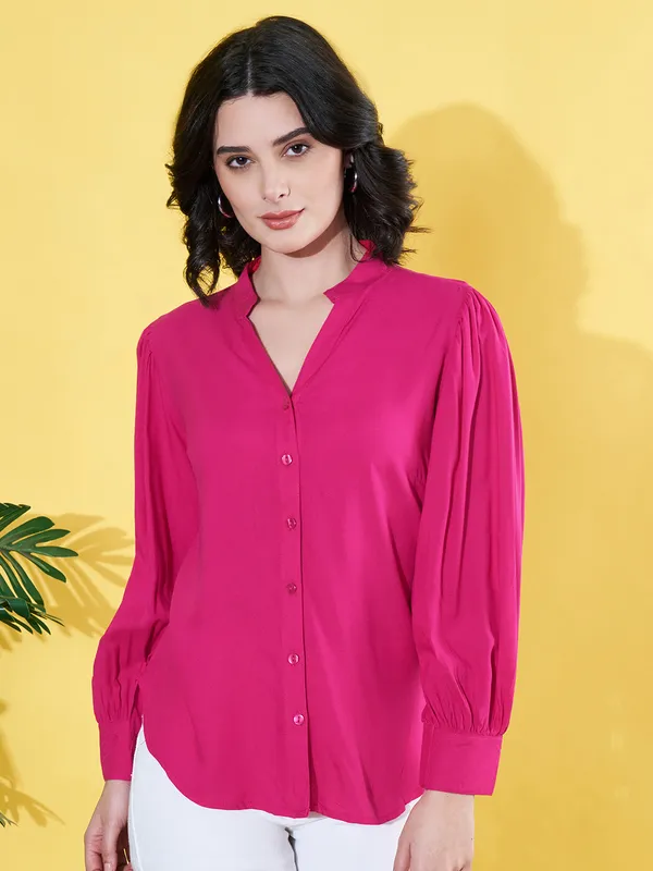 Women_Solid_Pink_Band_Collar_Button_Down_Standard_Length_Casual_Shirt