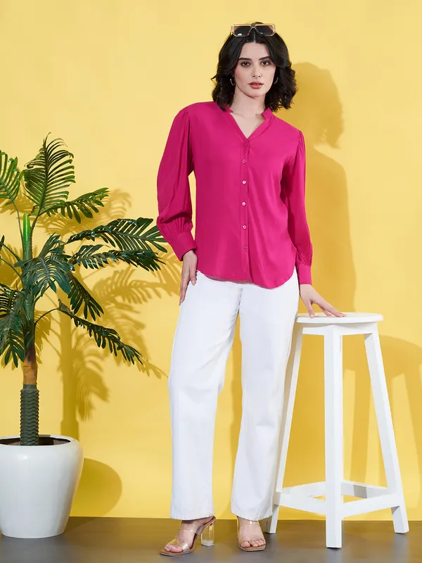 Women_Solid_Pink_Band_Collar_Button_Down_Standard_Length_Casual_Shirt