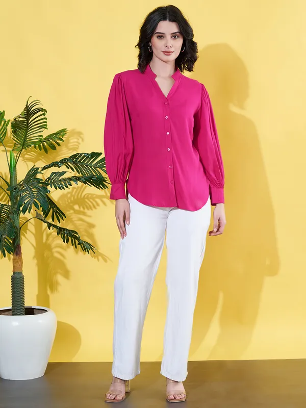 Women_Solid_Pink_Band_Collar_Button_Down_Standard_Length_Casual_Shirt