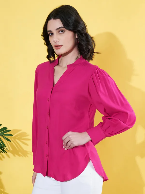 Women_Solid_Pink_Band_Collar_Button_Down_Standard_Length_Casual_Shirt