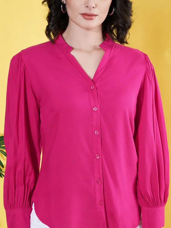 Women_Solid_Pink_Band_Collar_Button_Down_Standard_Length_Casual_Shirt