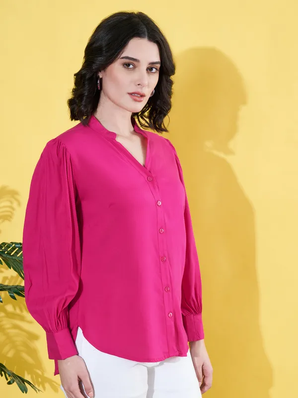 Women_Solid_Pink_Band_Collar_Button_Down_Standard_Length_Casual_Shirt